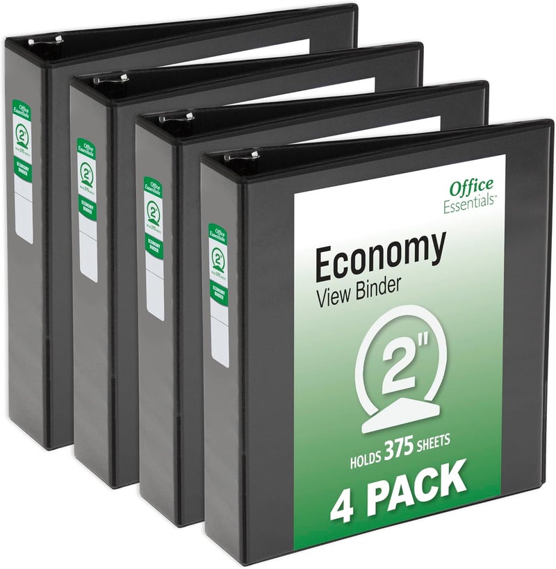 Office Essentials Economy View 3 Ring Binders, 2" Round Rings, 2.8" Spine, 375-Sheet Capacity, Black Binders, Ideal for Occasional Use and Light Referencing (4-Pack of 03147) - Image 1